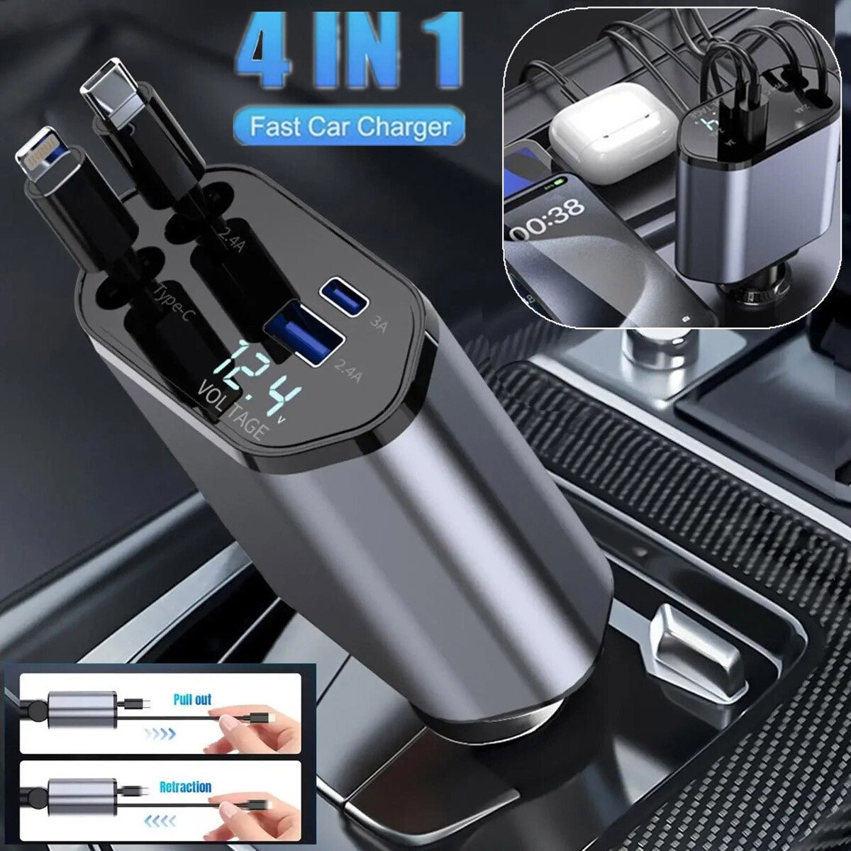 4 In 1 Retractable Car Charger Fast Car Phone Charger 120W With USB Type C Cable - Harbor Goods