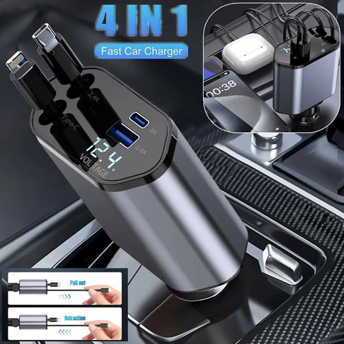 4 In 1 Retractable Car Charger Fast Car Phone Charger 120W With USB Type C Cable - Harbor Goods
