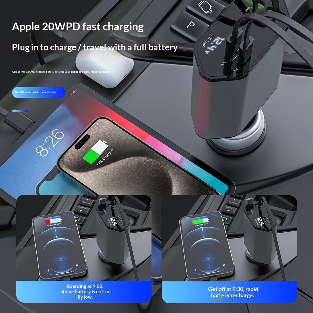 4 In 1 Retractable Car Charger Fast Car Phone Charger 120W With USB Type C Cable - Harbor Goods