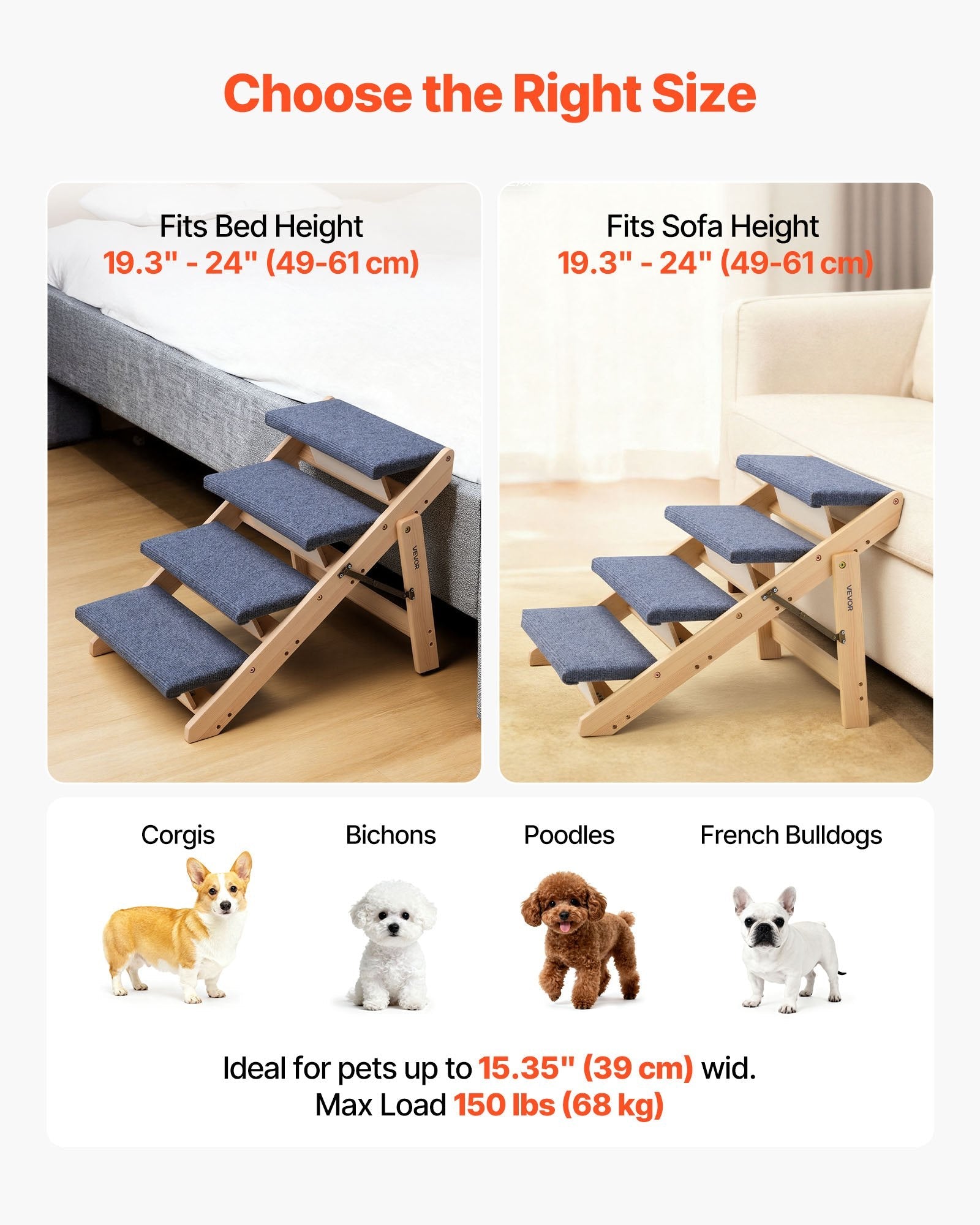 Wood Pet Stairs, 4-Step Dog Stairs For Beds, Sofa & Cars, 150lbs Load Capacity, Floded Flat Design, Stable & Sturdy Cat & Dog Step Ladder For Small Medium Large Older Pet Puppy Essentials - Harbor Goods