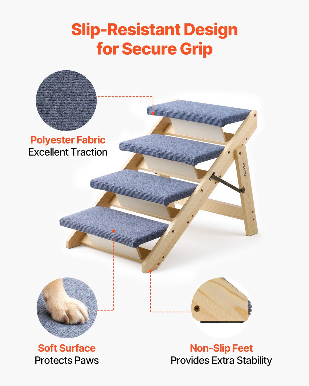 Wood Pet Stairs, 4-Step Dog Stairs For Beds, Sofa & Cars, 150lbs Load Capacity, Floded Flat Design, Stable & Sturdy Cat & Dog Step Ladder For Small Medium Large Older Pet Puppy Essentials - Harbor Goods