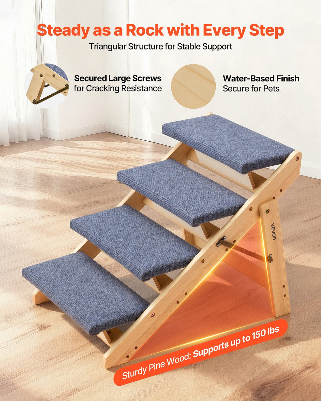 Wood Pet Stairs, 4-Step Dog Stairs For Beds, Sofa & Cars, 150lbs Load Capacity, Floded Flat Design, Stable & Sturdy Cat & Dog Step Ladder For Small Medium Large Older Pet Puppy Essentials - Harbor Goods